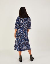 Ditsy Shirred Midi Dress with Sustainable Cotton, Blue (BLUE), large