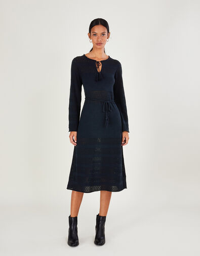 Belted Pointelle Midi Dress, Blue (NAVY), large