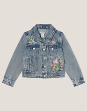 Sequin Floral Embroidered Denim Jacket, Blue (BLUE), large