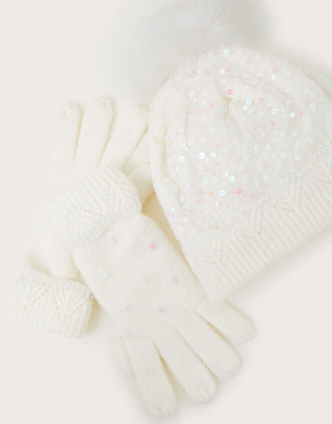 Lizzie Sequin Hat and Gloves Set, Ivory (IVORY), large