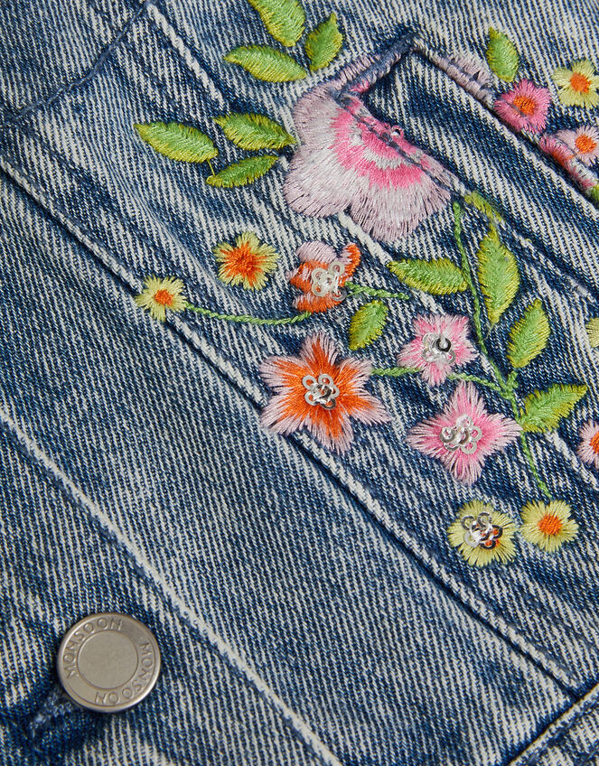 Sequin Floral Embroidered Denim Jacket, Blue (BLUE), large