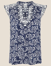 Calli Printed Sleeveless Top, Blue (NAVY), large