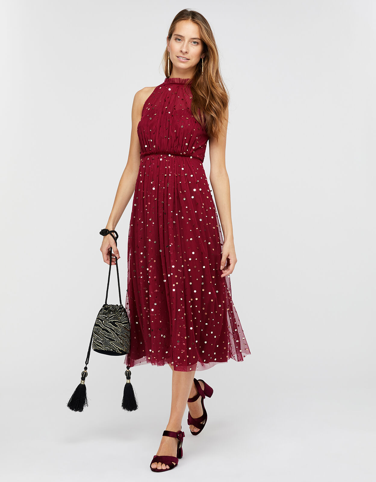 Chiara Tulle Halter Sequin Midi Dress Red