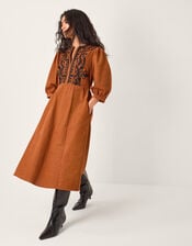 Leah Embroidered Corduroy Midi Dress, Copper (COPPER), large