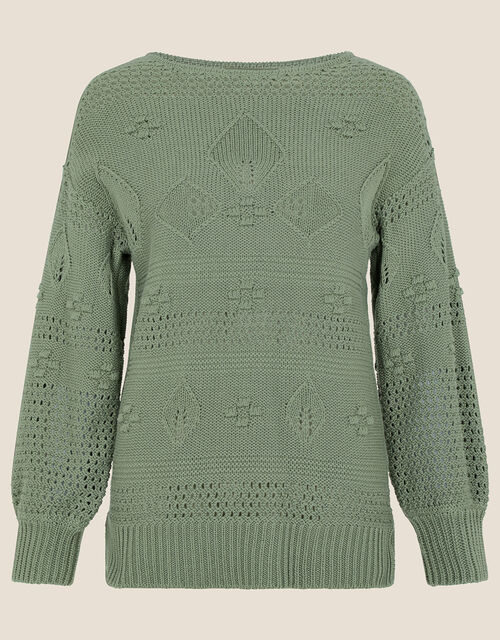 Stitch and Bobble Detailed Jumper in Recycled Cotton, Green (KHAKI), large
