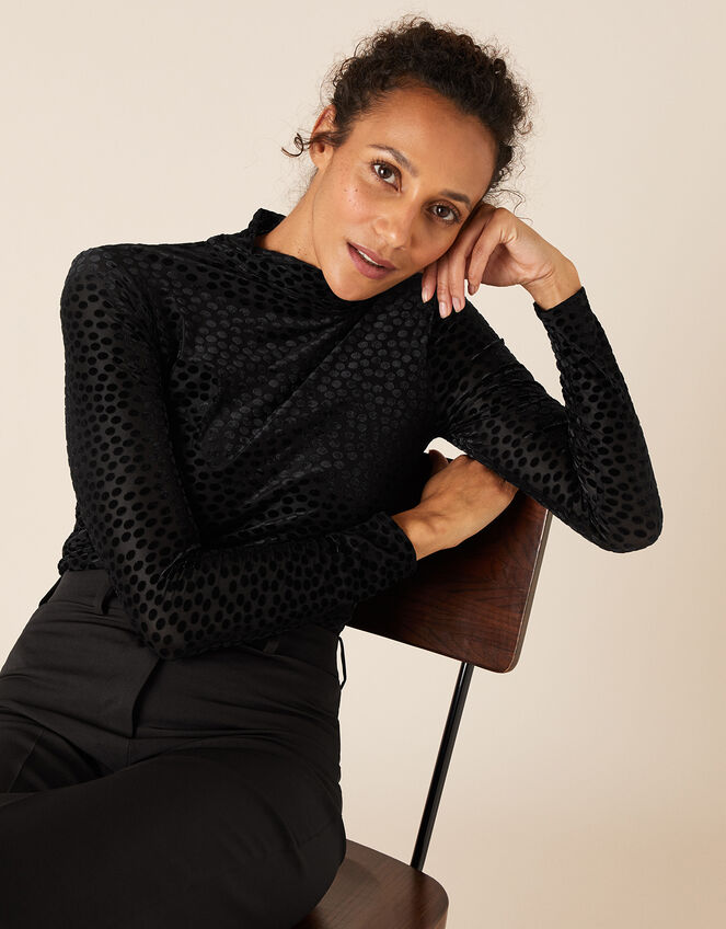 Stretch Devore Long-Sleeve Top, Black (BLACK), large