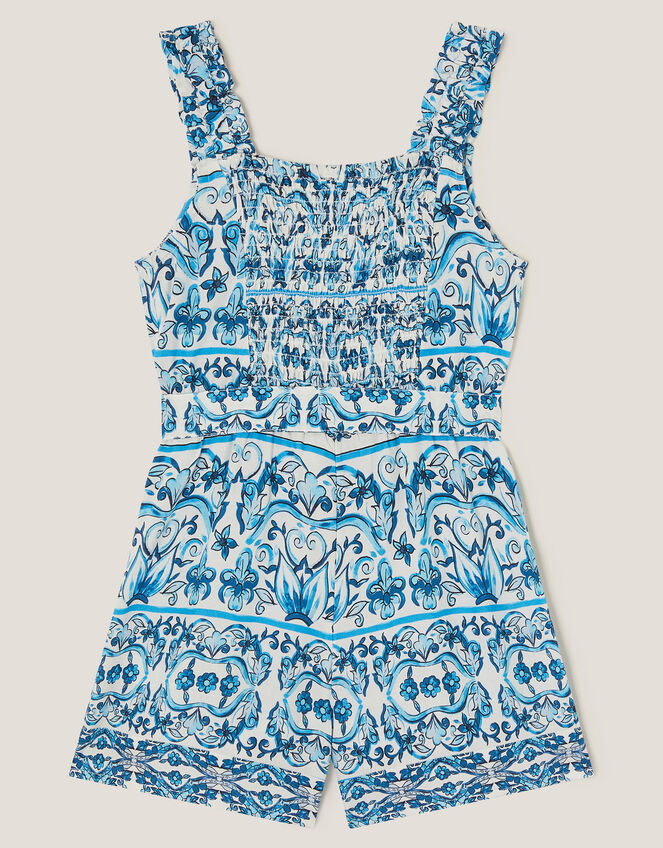 Ornate Floral Print Playsuit, Blue (BLUE), large