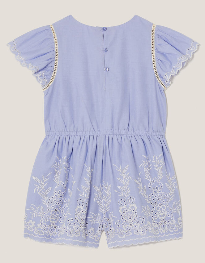 Floral Broderie Short Sleeve Playsuit, Blue (BLUE), large