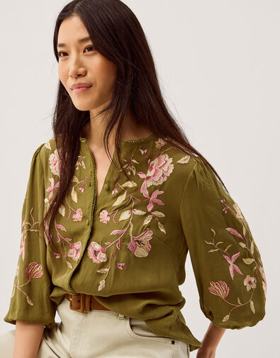 Amelie Floral Embroidered Blouse, Green (OLIVE), large