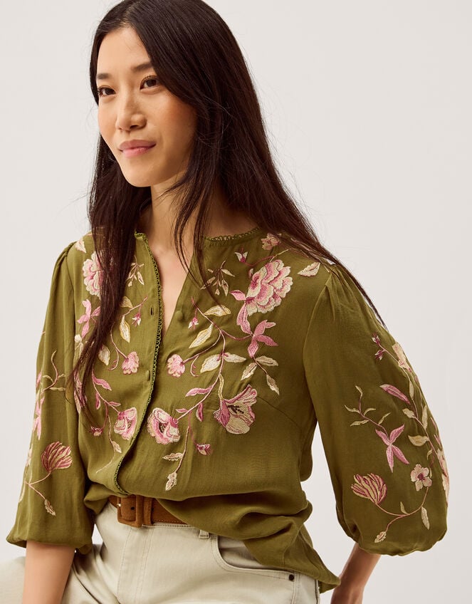 Amelie Floral Embroidered Blouse, Green (OLIVE), large