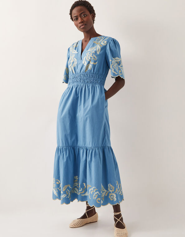Leia Embroidered Short Sleeve Midi Dress, Blue (BLUE), large
