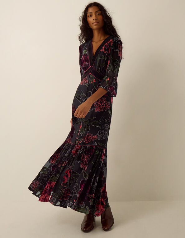 Anya Floral Devor&eacute; Maxi Dress, Red (BURGUNDY), large