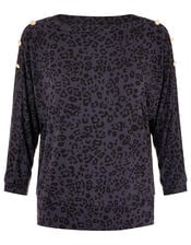 LOUNGE Animal Print Gold Button Top, Grey (GREY), large
