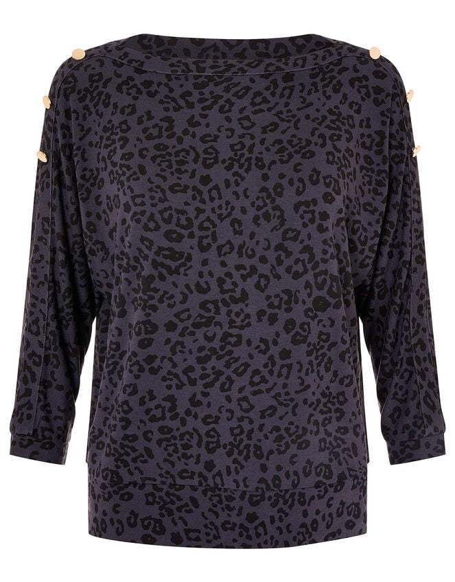 LOUNGE Animal Print Gold Button Top, Grey (GREY), large