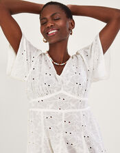 Schiffli V-Neck Pleated Short Dress, White (WHITE), large