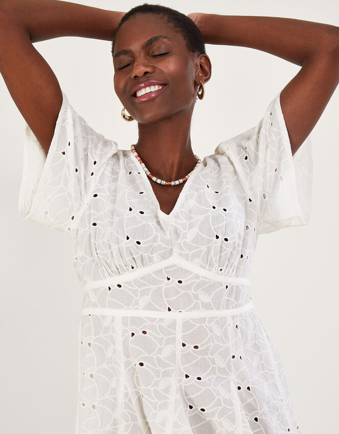 Schiffli V-Neck Pleated Short Dress, White (WHITE), large
