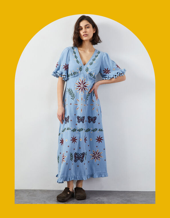 East Mererid Embroidered Midi Dress, Blue (BLUE), large