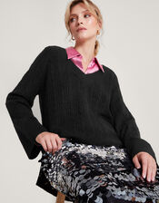 V-Neck Cable Longline Jumper with Recycled Polyester , Black (BLACK), large