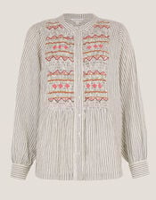 Hettie Embroidered Shirred Stripe Shirt, Black (BLACK), large