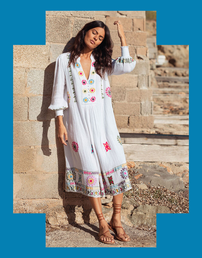 La Galeria Elefante Hand-Embroidered Dress, White (WHITE), large