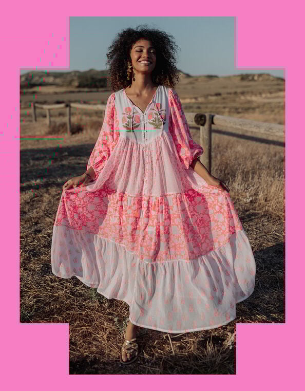 Piti Cuiti Floral Tiered Maxi Dress, Orange (CORAL), large