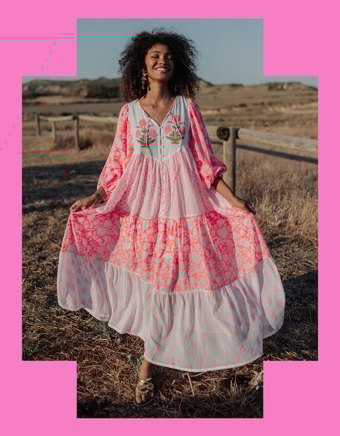 Piti Cuiti Floral Tiered Maxi Dress, Orange (CORAL), large