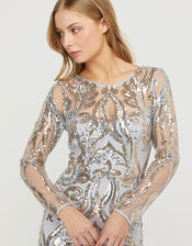 Lily Sequin Fishtail Maxi Dress, Silver (SILVER), large