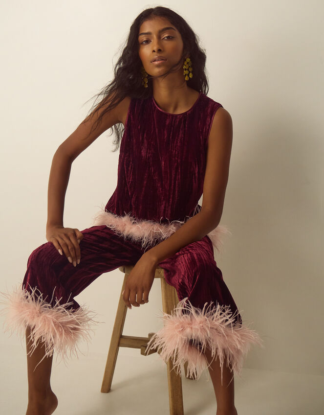 Emma Faux Feather Cropped Velvet Trousers, Red (BURGUNDY), large