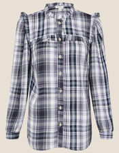 Frill Neck Check Shirt, Blue (NAVY), large