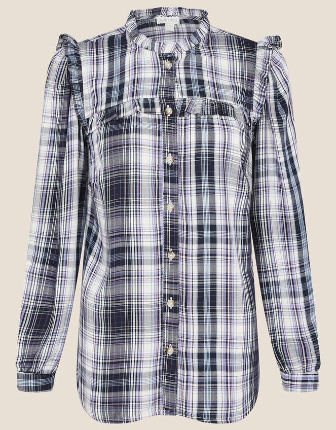 Frill Neck Check Shirt, Blue (NAVY), large