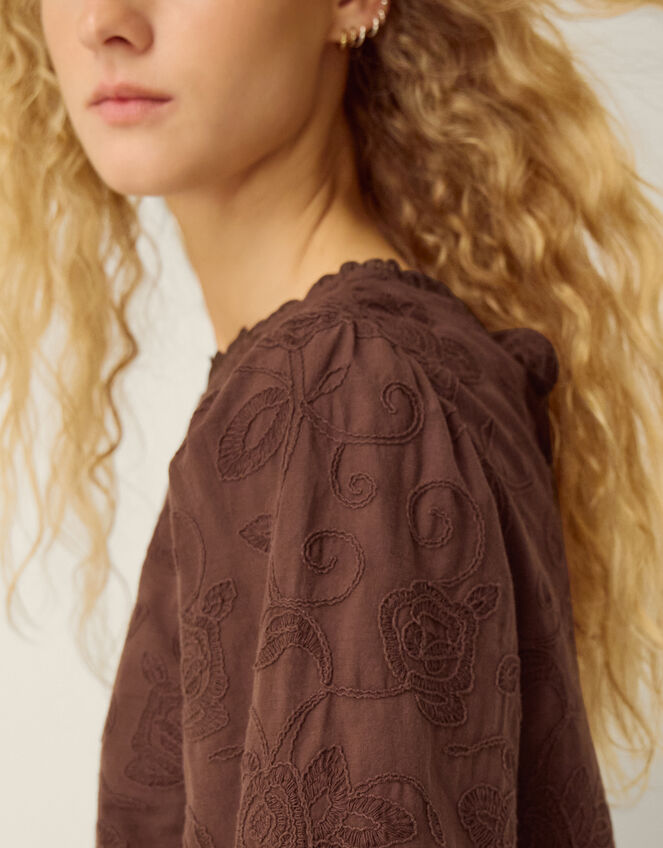 Sabine Floral Embroidered Top, Brown (BROWN), large
