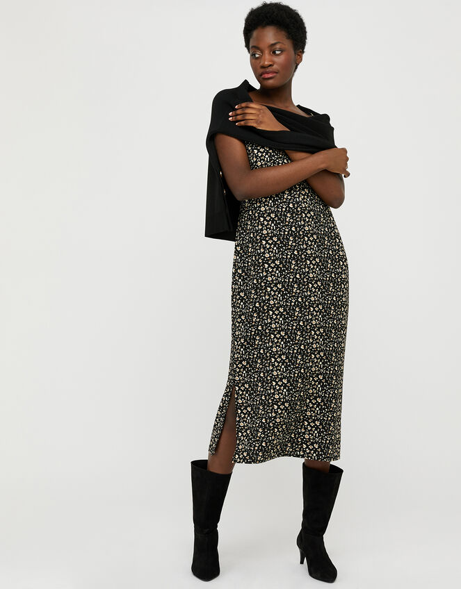 Knit Jumper and Printed Slip Dress with Recycled Polyester, Black (BLACK), large