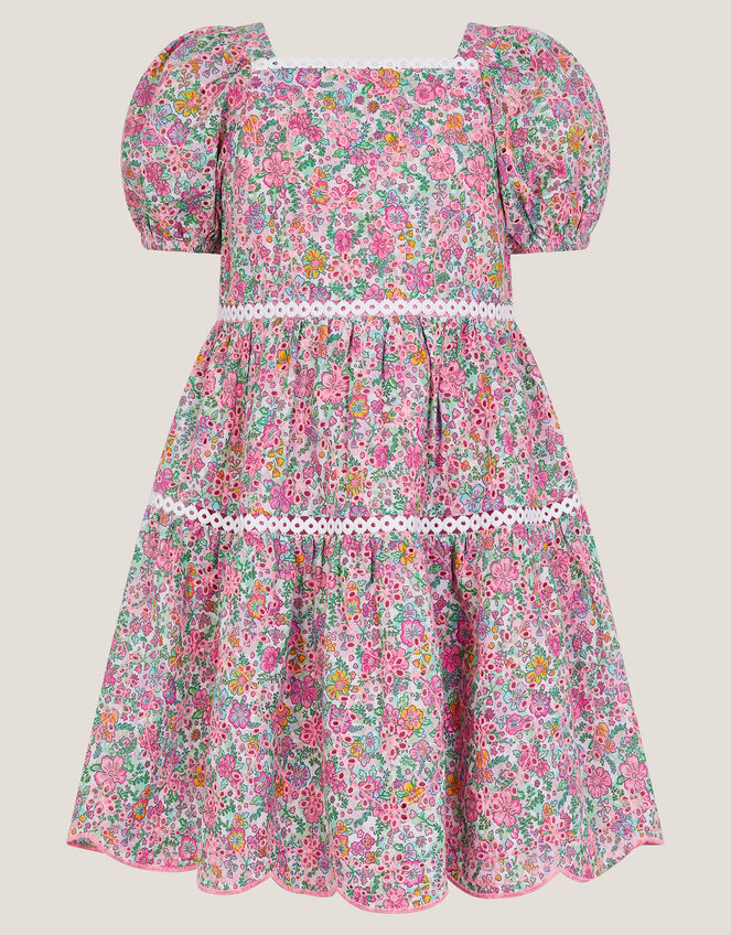 Broderie Floral Puff-Sleeve Dress, Pink (PINK), large