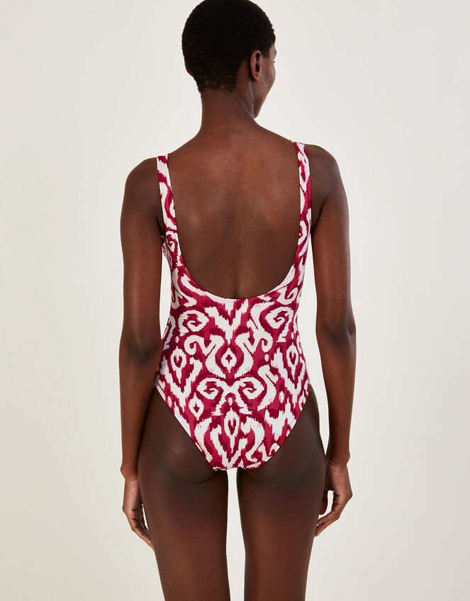 Ikat Print Tie-Up Swimsuit with Recycled Polyester, ROUGE, large