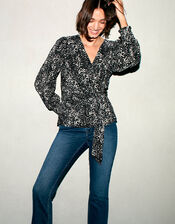Printed Jersey Plisse Wrap Top, Black (BLACK), large
