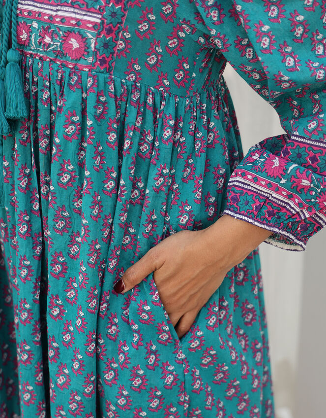 Dilli Grey Priya Block Print Midi Dress, Teal (TEAL), large