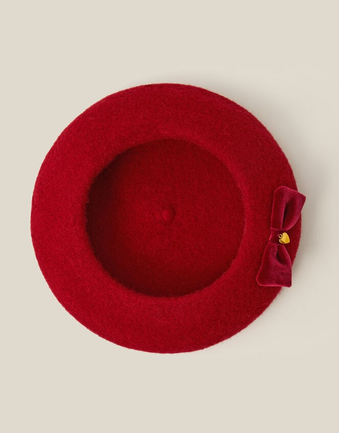 Velvet Bow Wool Beret, Red (RED), large