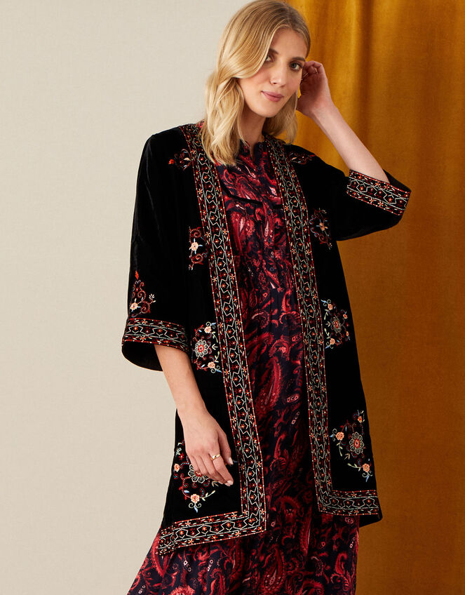 Embroidered Velvet Kimono, Black (BLACK), large