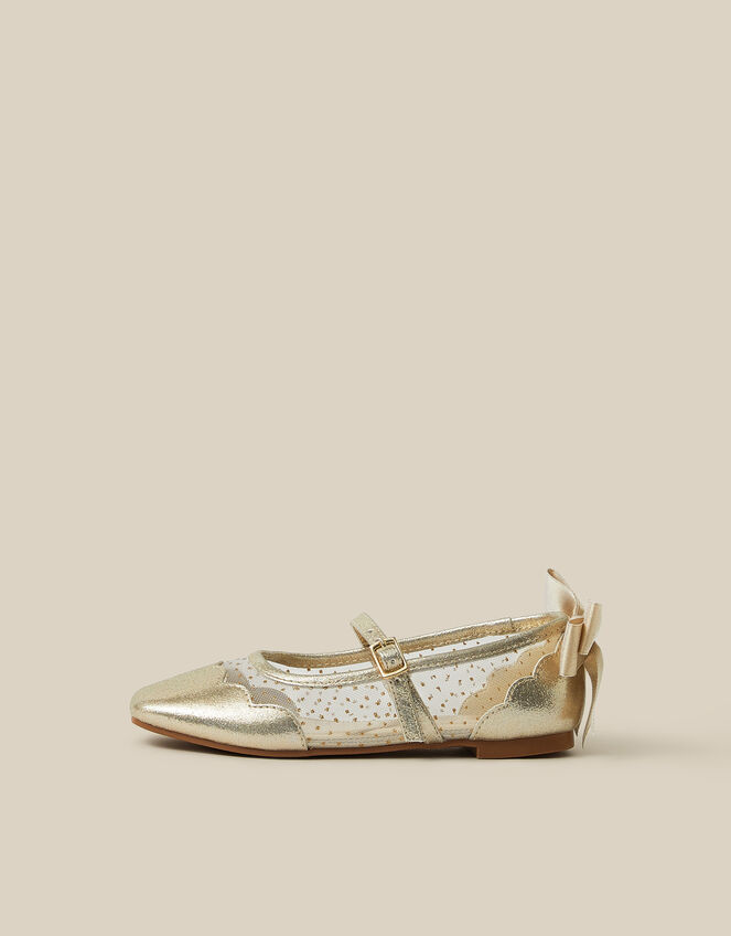 Bow Scallop Mesh Mary Jane Ballet Flats, Gold (GOLD), large