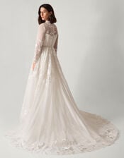 Lorelai Long Sleeve Floral Embellished Mesh Wedding Dress, Ivory (IVORY), large