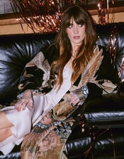 One Hundred Stars Crane Print Velvet Kimono, , large