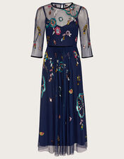 Nyla Embellished Midi Dress in Recycled Polyester, Blue (NAVY), large