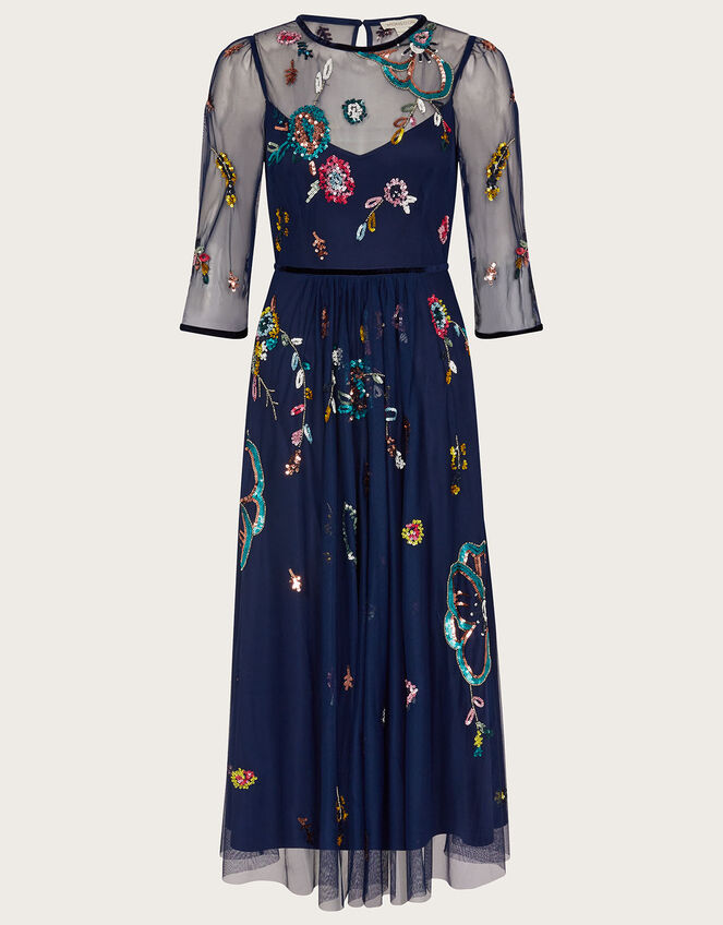 Nyla Embellished Midi Dress in Recycled Polyester, Blue (NAVY), large