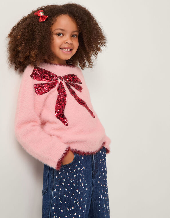 Sequin Bow Fuzzy Jumper, Pink (PINK), large
