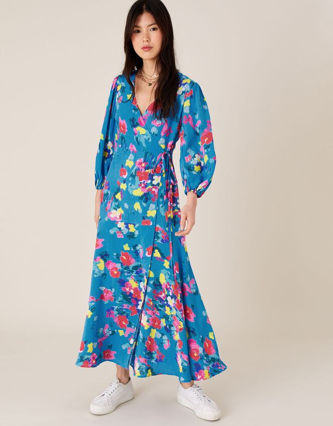 Ellie Floral Wrap Dress in Sustainable Viscose, Blue (TURQUOISE), large