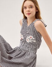 Floral Embroidered Gingham Cut-Out Dress, Black (BLACK), large