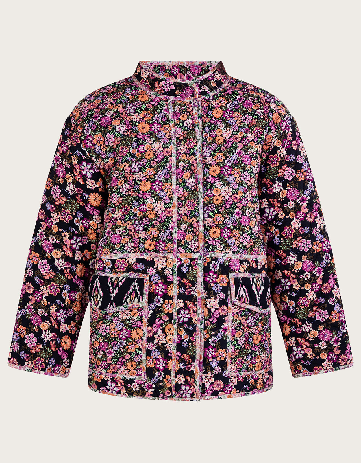 Ditsy Floral and Ikat Print Quilted Jacket in LENZING™ ECOVERO™ Orange