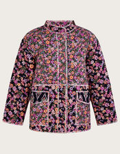 Ditsy Floral and Ikat Print Quilted Jacket in LENZING™ ECOVERO™ , Orange (ORANGE), large