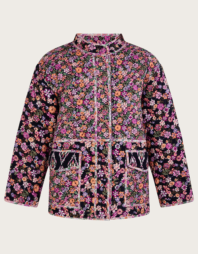 Ditsy Floral and Ikat Print Quilted Jacket in LENZING™ ECOVERO™ , Orange (ORANGE), large