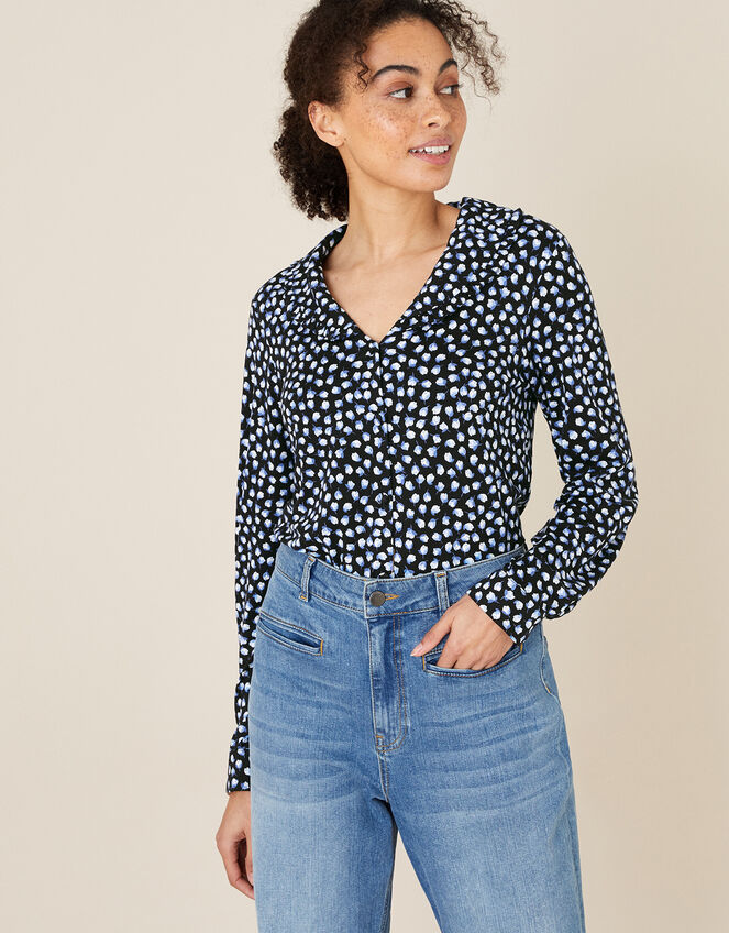 Flower Bud Print Shirt, Blue (NAVY), large